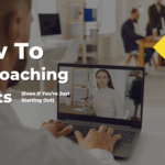 How to get coaching clients blog cover showing a man watching a virtual coaching session on a laptop, with a modern business office setting.