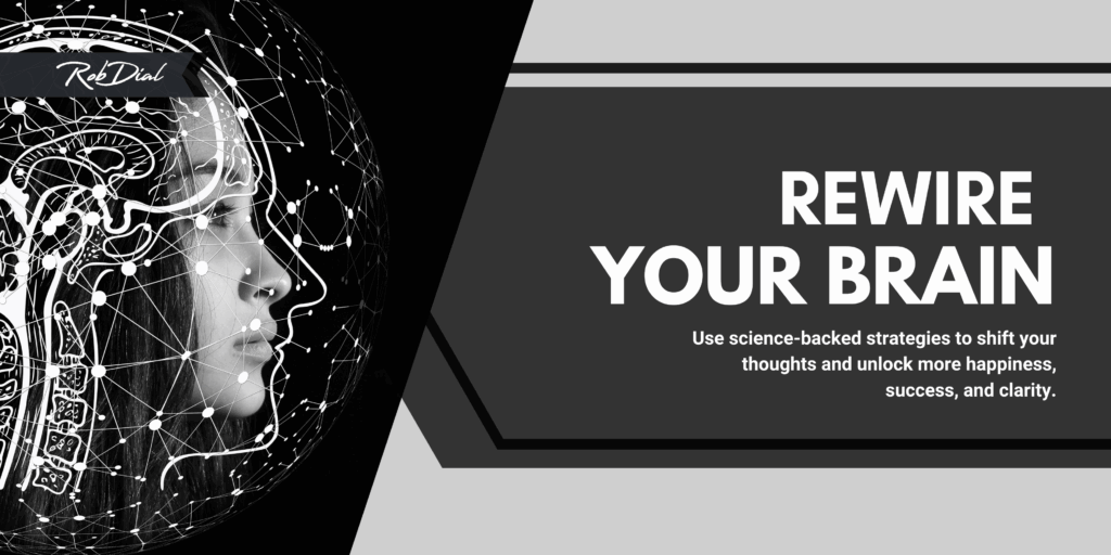 Hero image for Rob Dial’s Rewire Your Brain training, featuring a woman’s profile blended with a digital brain and neural network illustration.