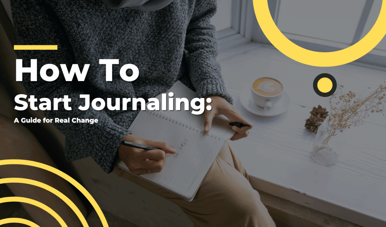 Woman writing in a journal with coffee by her side, illustrating how to start journaling for clarity, mindset, and personal development.