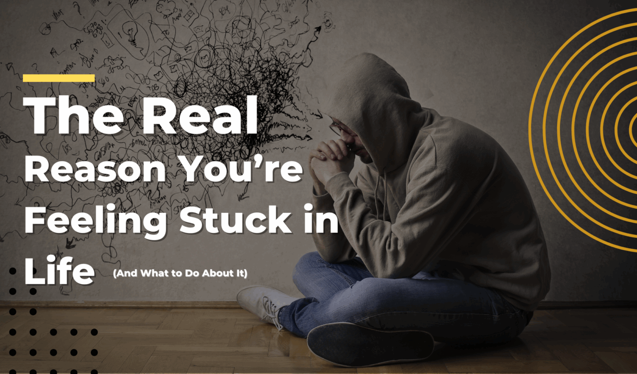 Blog cover image of a man sitting in thought with messy scribbles on the wall, symbolizing feeling stuck in life and mental overwhelm.
